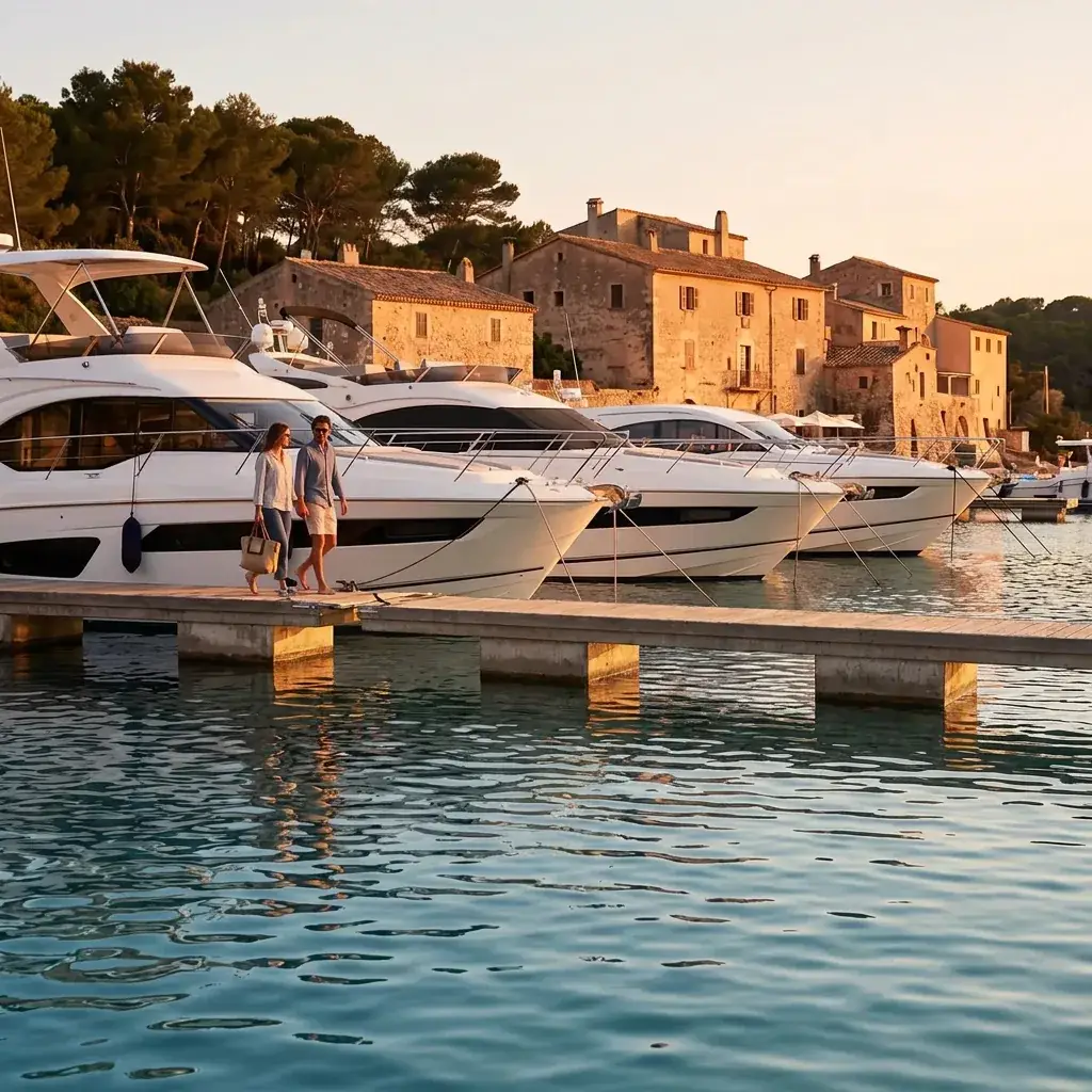 Moderne Motoryachten in einer Reihe in einem Yachthafen am Mittelmeer am Ende des Tages, ein Paar geht auf eine davon zu